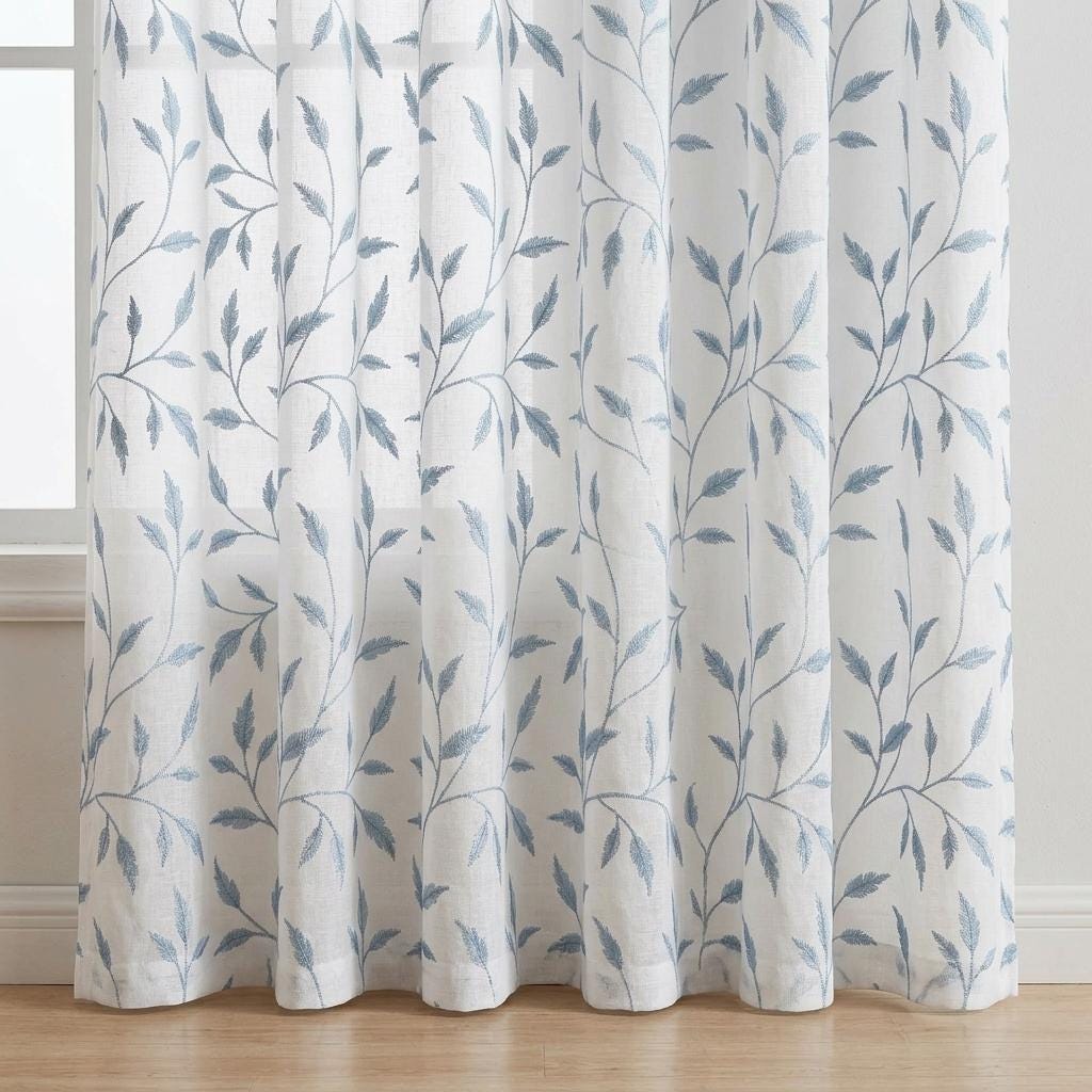 White Pure Linen Sheer Curtains, Dusty Blue Gray Embroidered Leaf Vine, Custom Light Filtering Drapes — image 3