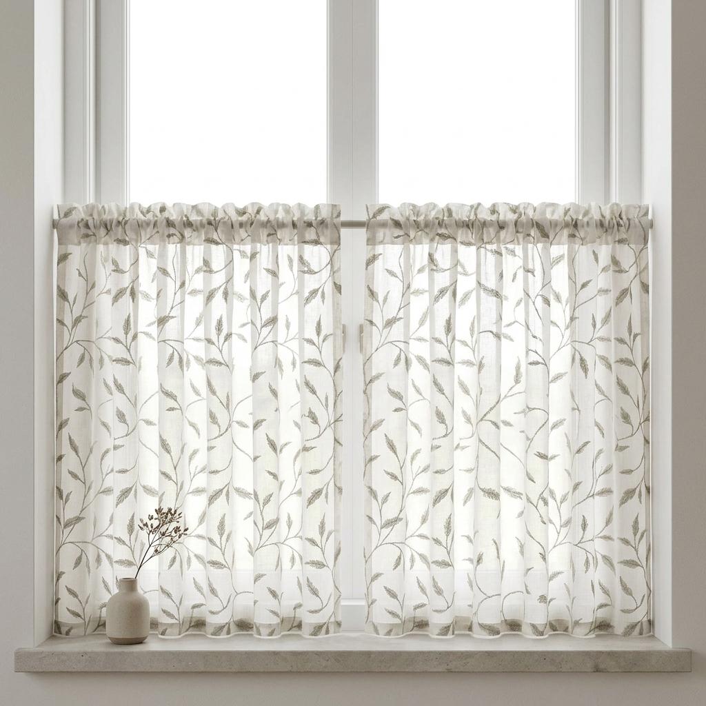 White Pure Linen Sheer Curtains, Sage Gray Embroidered Leaf Vine, Custom Light Filtering Drapes — image 7