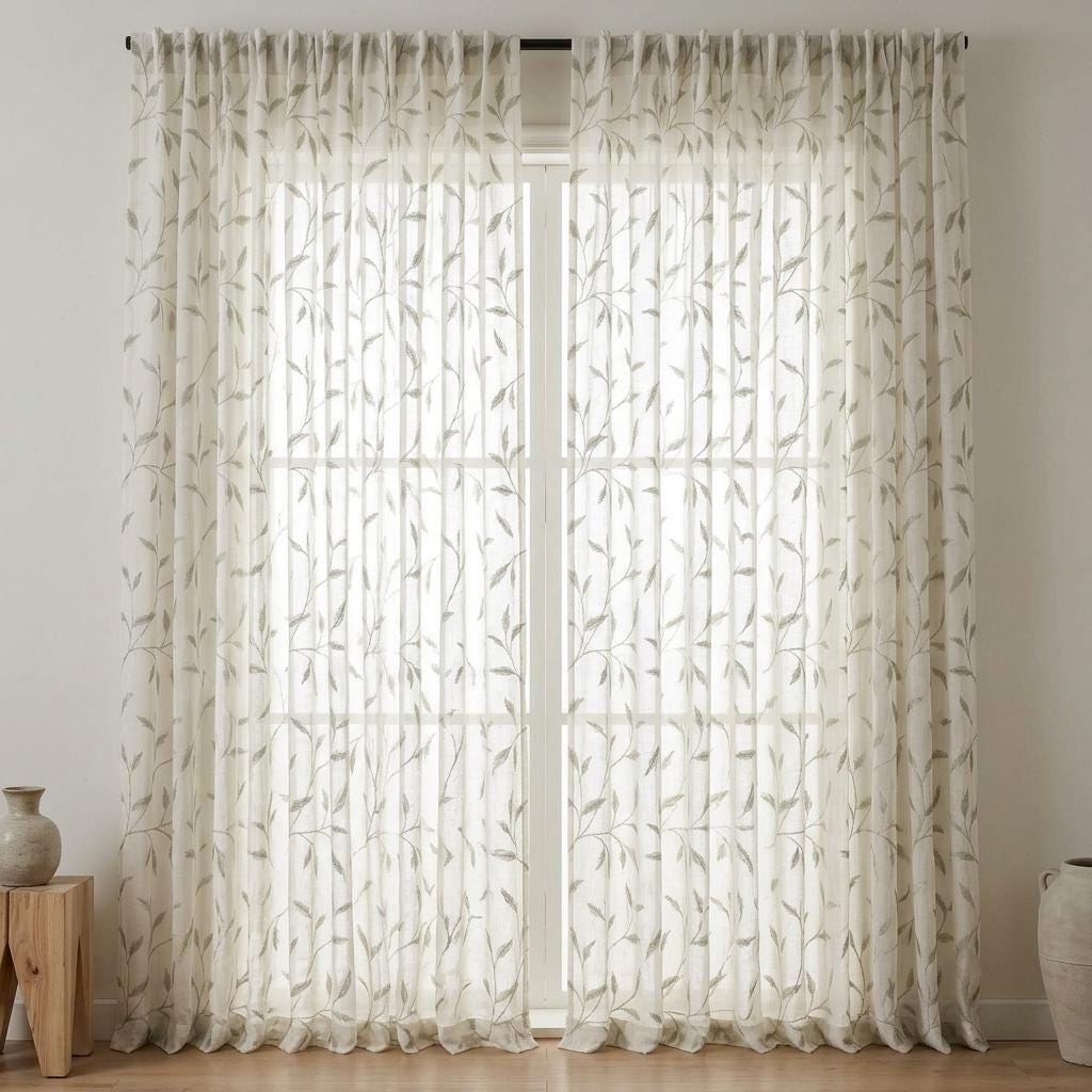 White Pure Linen Sheer Curtains, Sage Gray Embroidered Leaf Vine, Custom Light Filtering Drapes — image 5