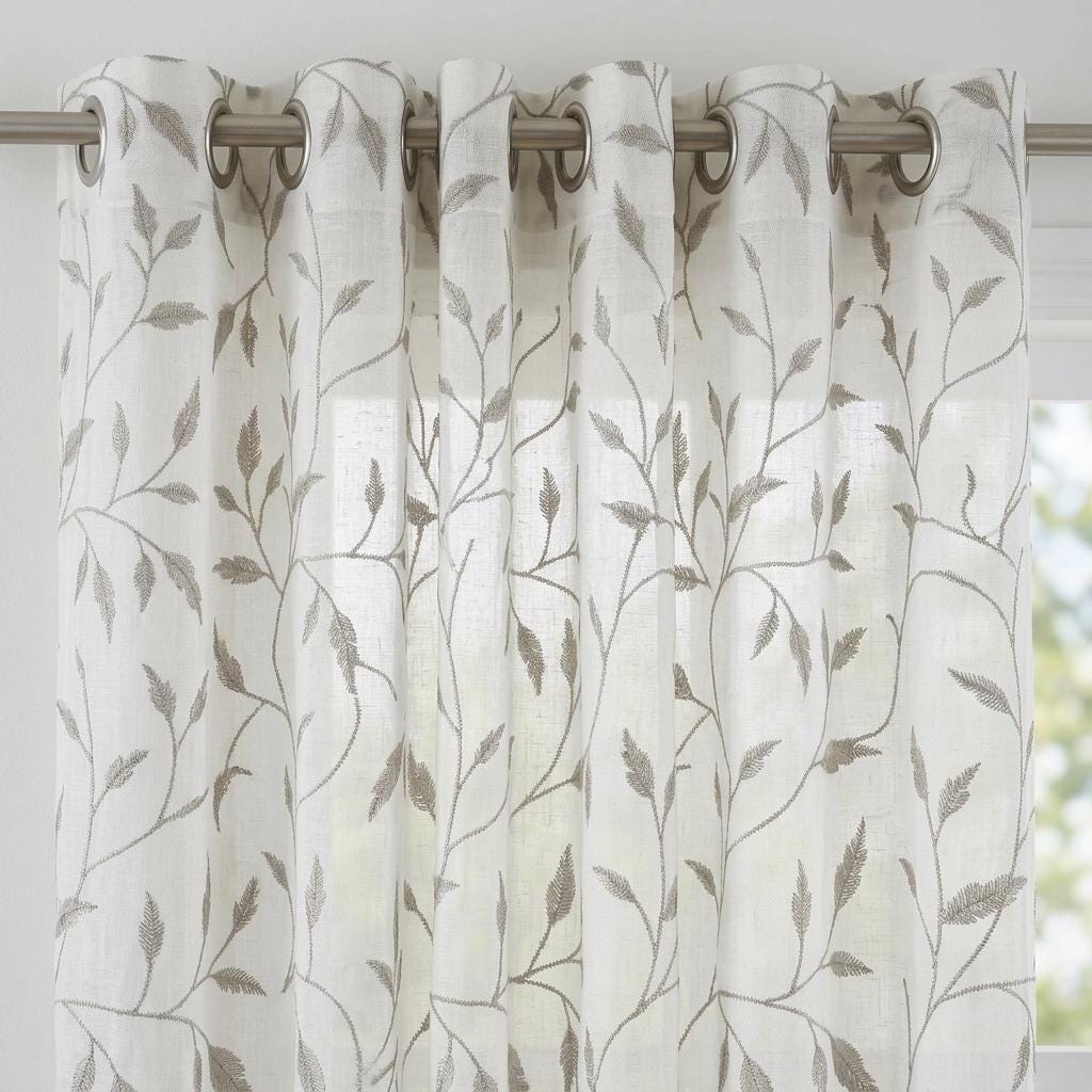 White Pure Linen Sheer Curtains, Sage Gray Embroidered Leaf Vine, Custom Light Filtering Drapes — image 8