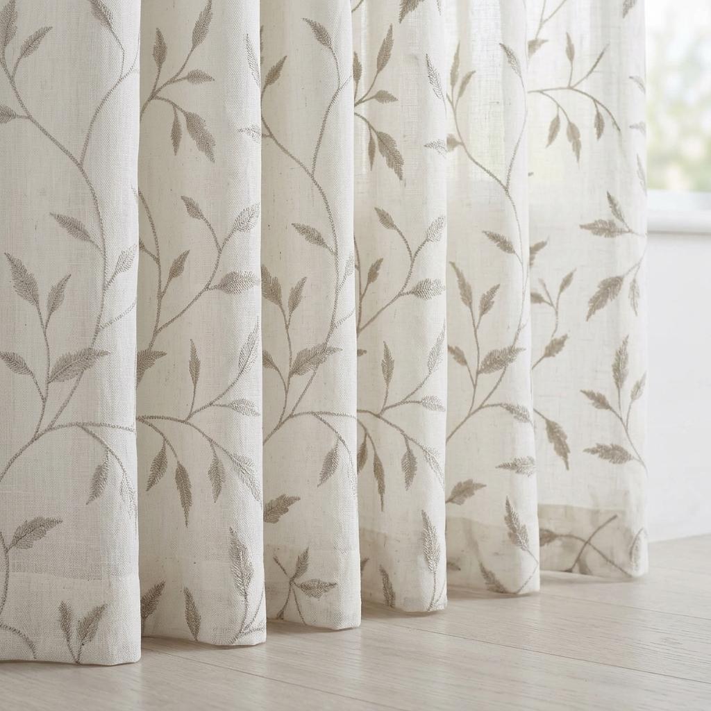 White Pure Linen Sheer Curtains, Sage Gray Embroidered Leaf Vine, Custom Light Filtering Drapes — image 4