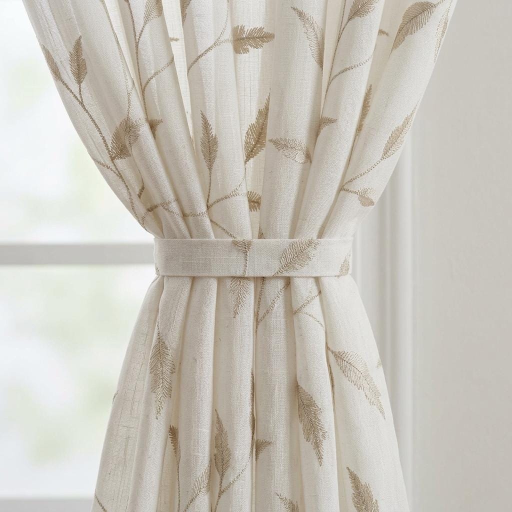 White Pure Linen Sheer Curtains, Champagne Gold Embroidered Leaf Vine, Custom Light Filtering Drapes — image 1