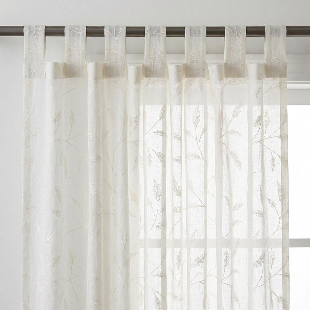 White on White Pure Linen Sheer Curtains, Tone on Tone Embroidered Leaf Vine, Custom Light Filtering Drapes — image 7