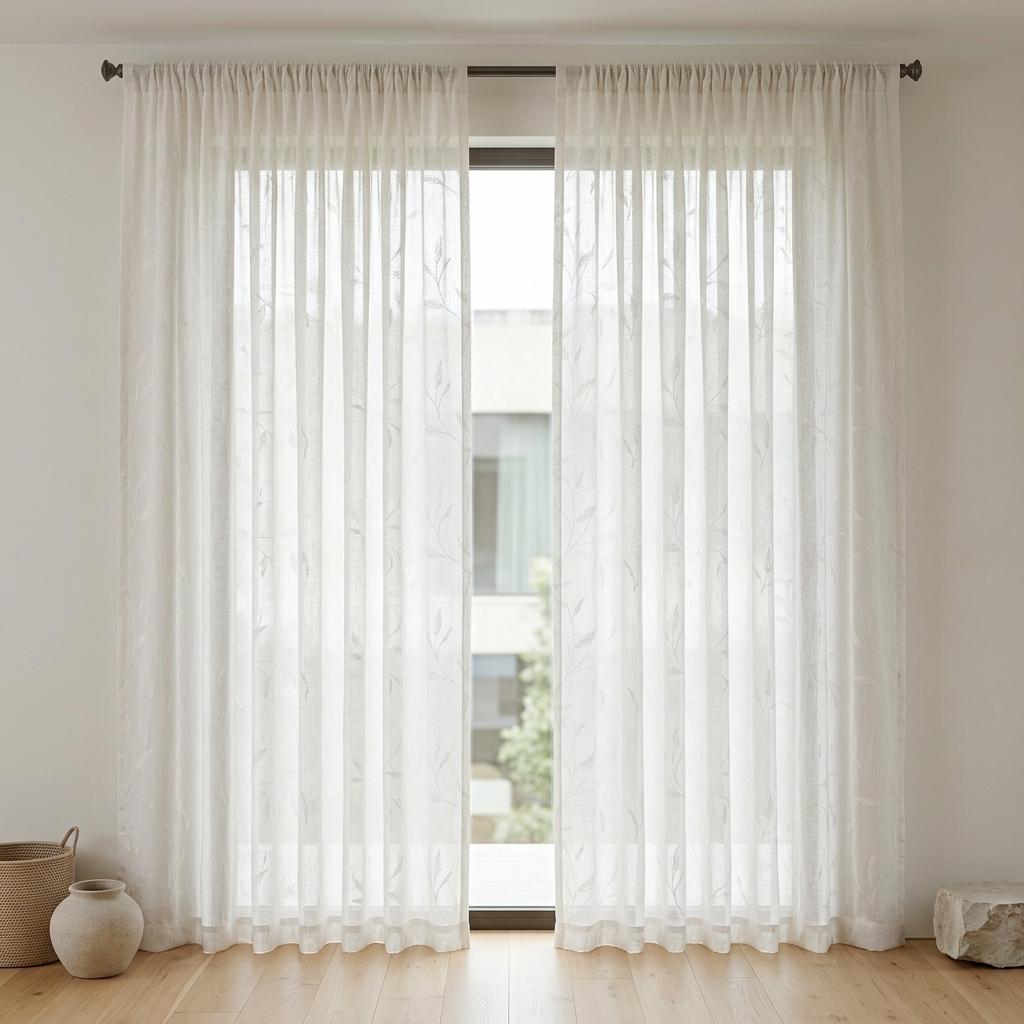 White on White Pure Linen Sheer Curtains, Tone on Tone Embroidered Leaf Vine, Custom Light Filtering Drapes — image 4