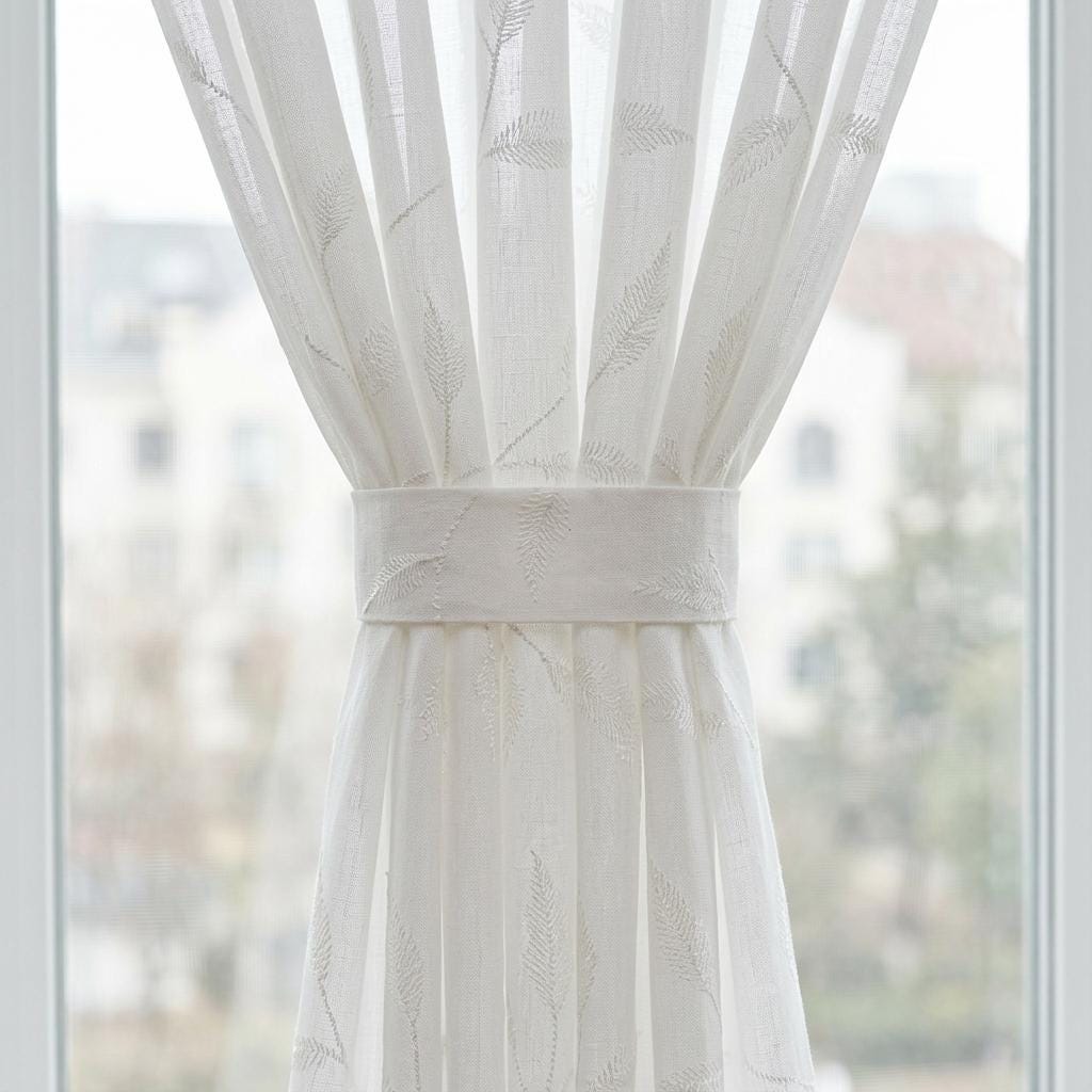 White on White Pure Linen Sheer Curtains, Tone on Tone Embroidered Leaf Vine, Custom Light Filtering Drapes — image 2