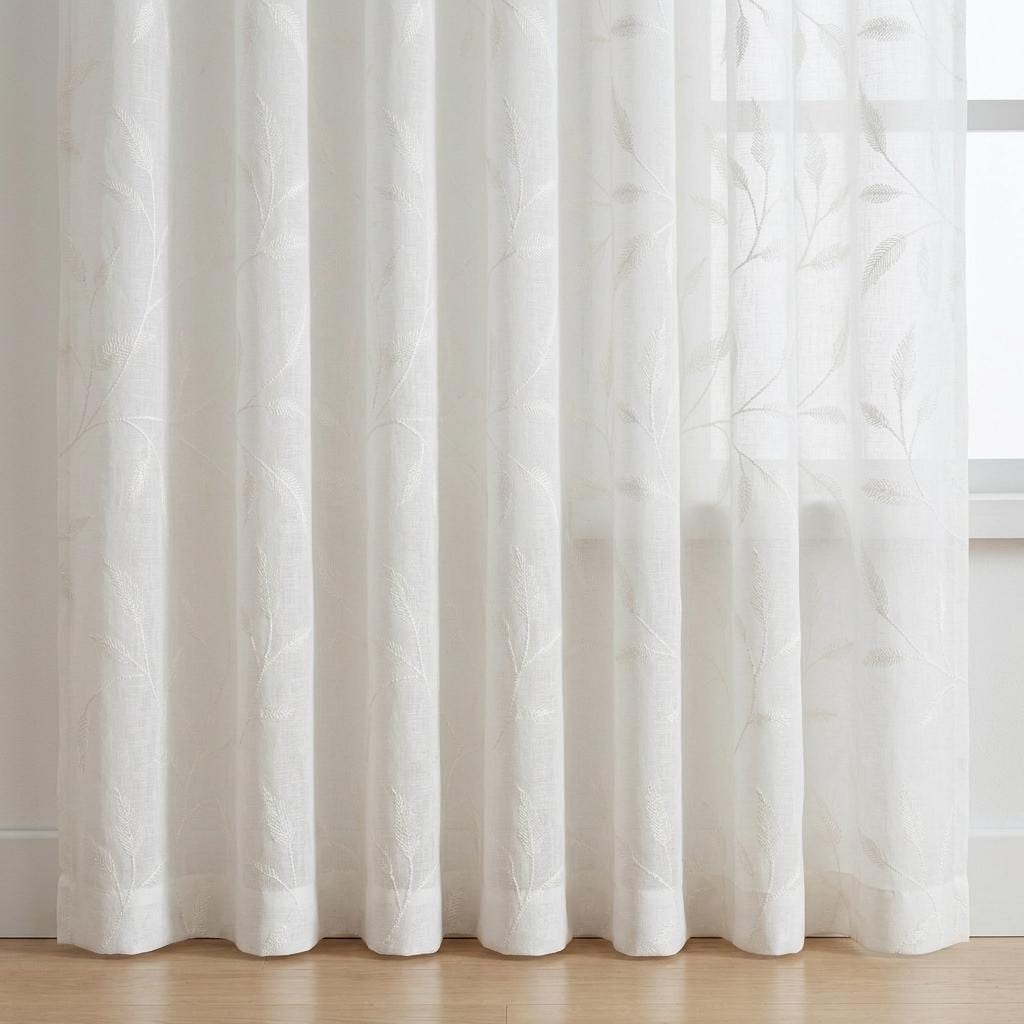 White on White Pure Linen Sheer Curtains, Tone on Tone Embroidered Leaf Vine, Custom Light Filtering Drapes — image 3