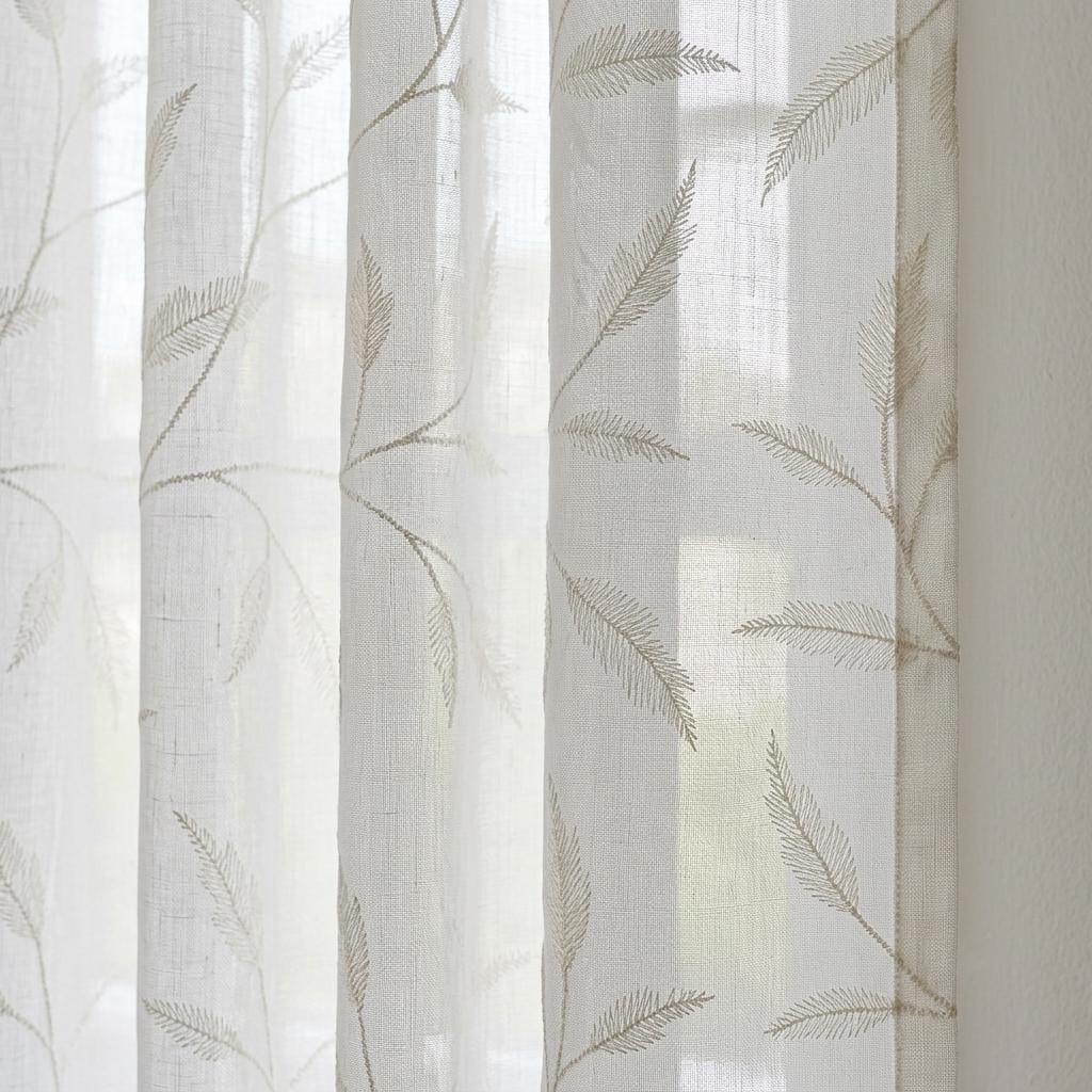 White on White Pure Linen Sheer Curtains, Tone on Tone Embroidered Leaf Vine, Custom Light Filtering Drapes — image 5