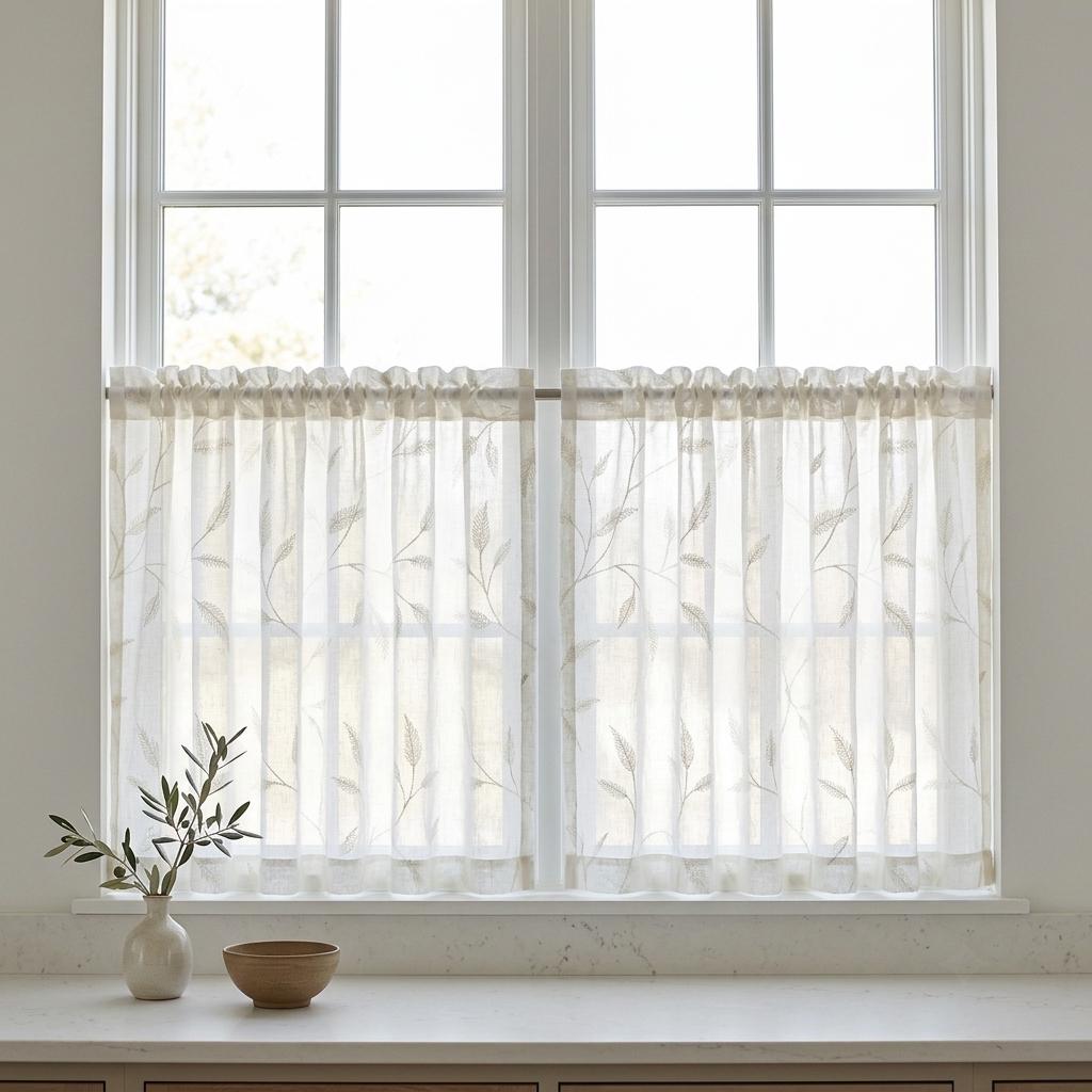 White on White Pure Linen Sheer Curtains, Tone on Tone Embroidered Leaf Vine, Custom Light Filtering Drapes — image 8