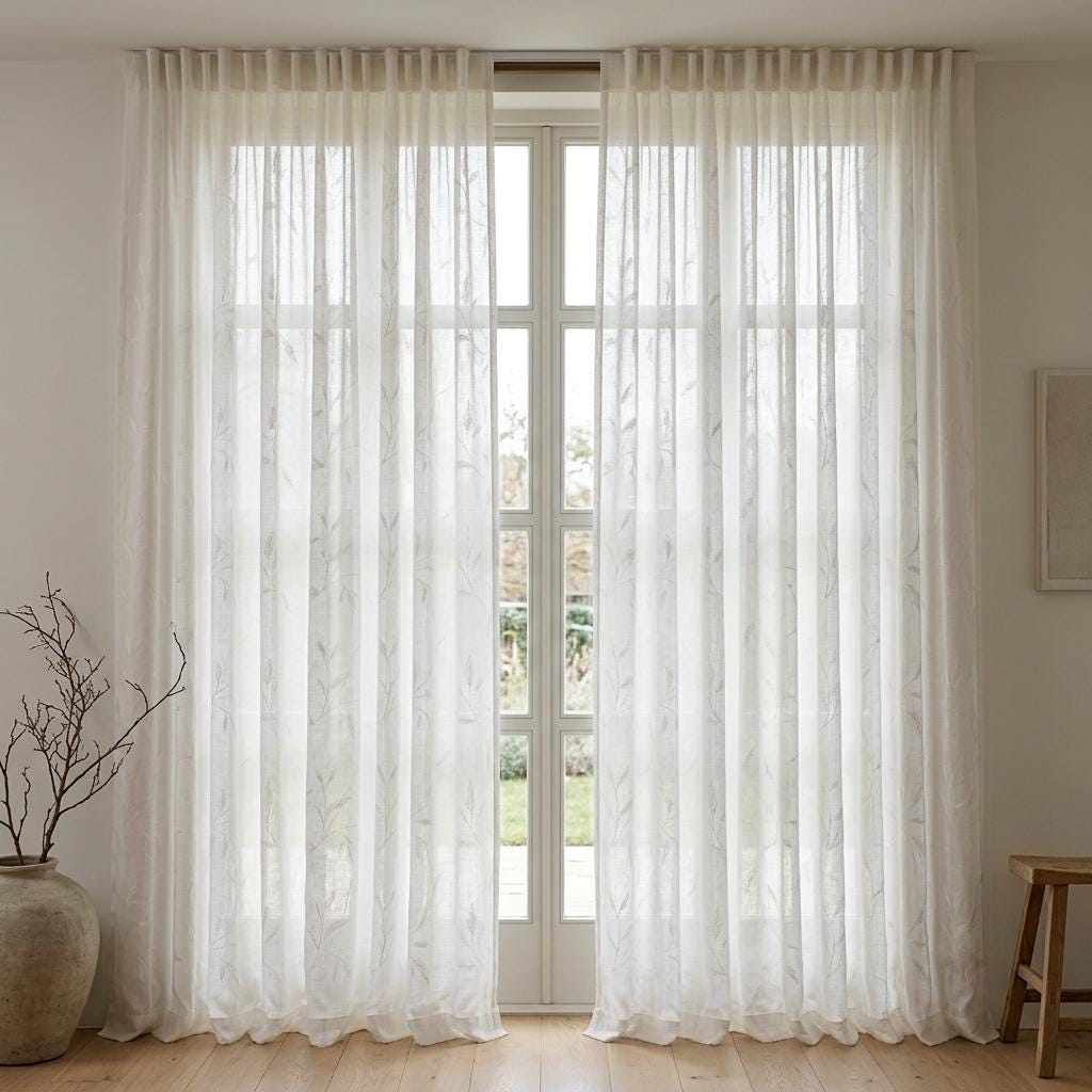 White on White Pure Linen Sheer Curtains, Tone on Tone Embroidered Leaf Vine, Custom Light Filtering Drapes — image 6