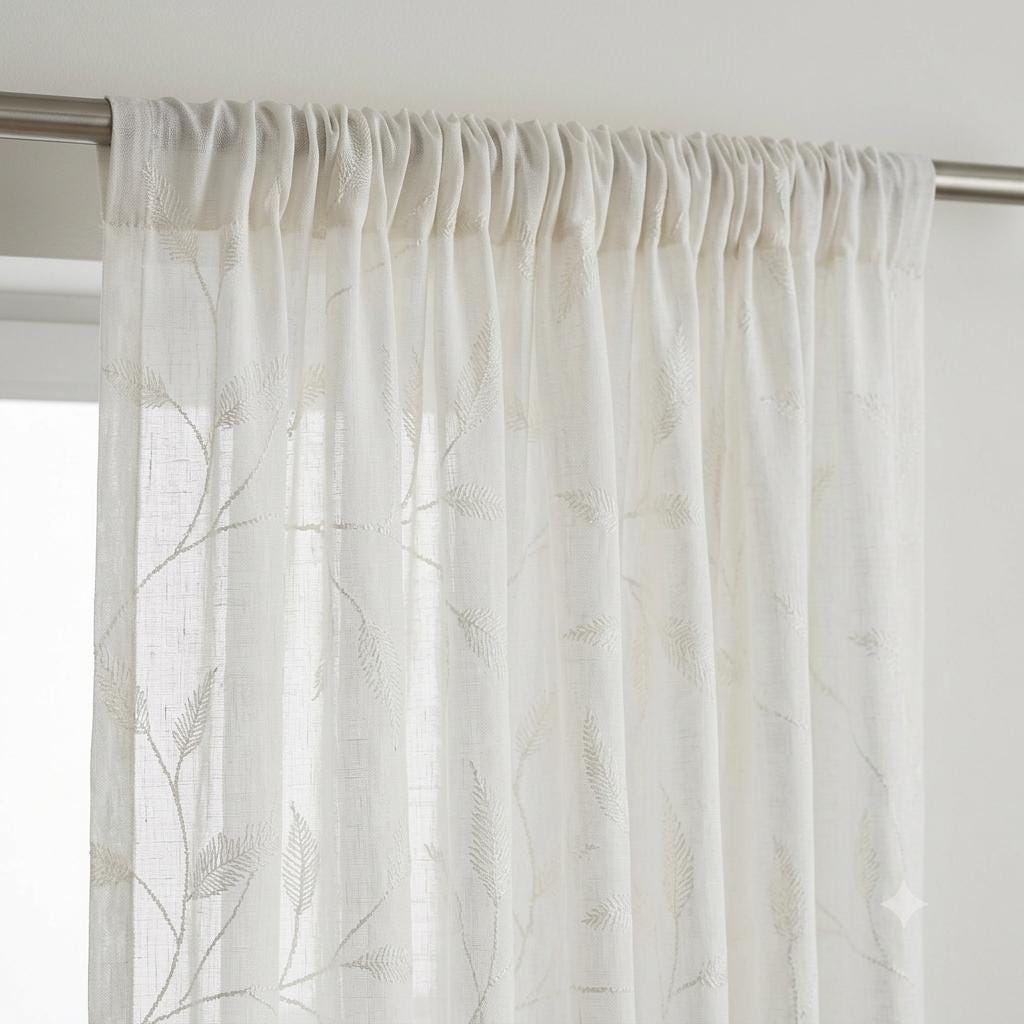 White on White Pure Linen Sheer Curtains, Tone on Tone Embroidered Leaf Vine, Custom Light Filtering Drapes — image 1