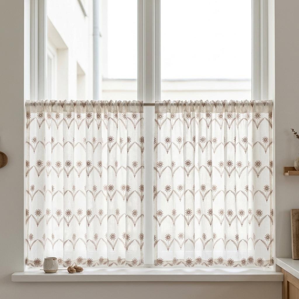 White Pure Linen Sheer Curtains, Dusty Rose Embroidered Daisy Floral, Custom Light Filtering Drapes — image 9