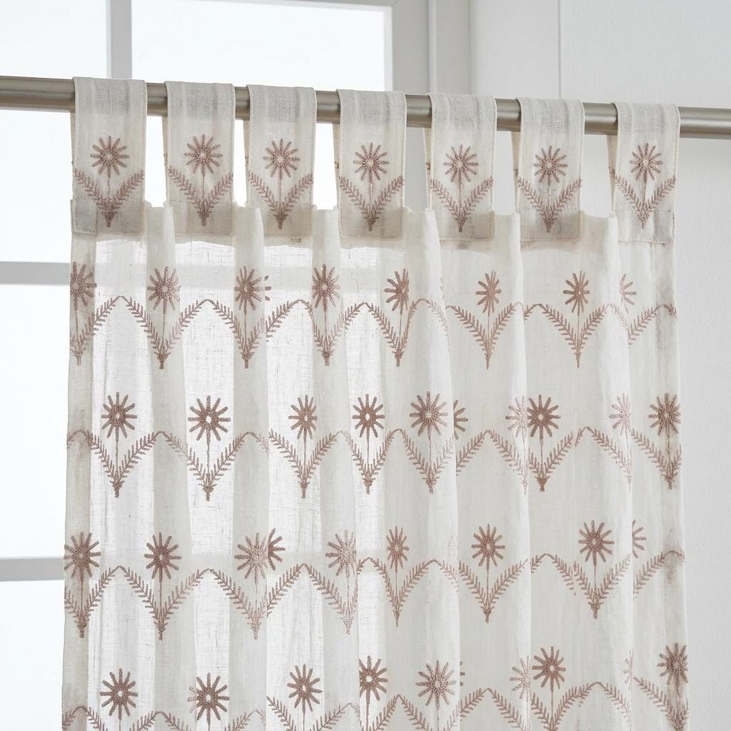 White Pure Linen Sheer Curtains, Dusty Rose Embroidered Daisy Floral, Custom Light Filtering Drapes — image 6