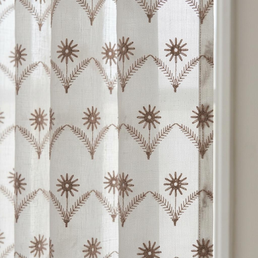 White Pure Linen Sheer Curtains, Dusty Rose Embroidered Daisy Floral, Custom Light Filtering Drapes — image 1
