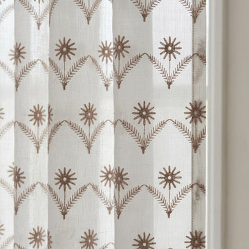 White Pure Linen Sheer Curtains, Dusty Rose Embroidered Daisy Floral, Custom Light Filtering Drapes — image 1