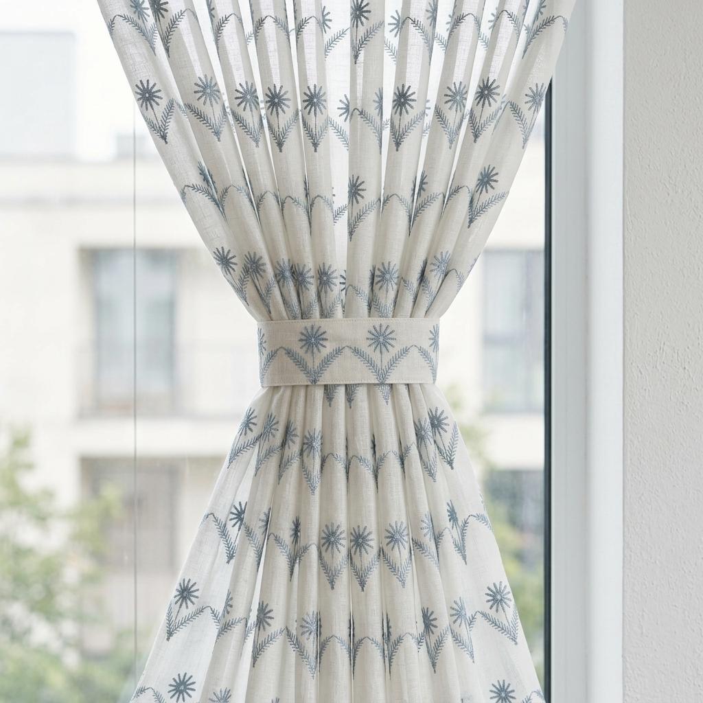White Pure Linen Sheer Curtains, Dusty Blue Embroidered Daisy Floral, Custom Light Filtering Drapes — image 3