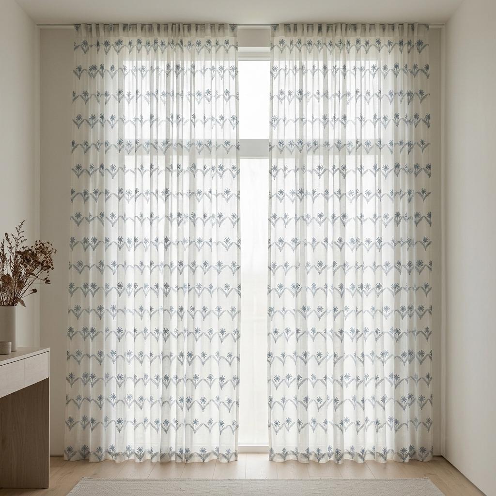 White Pure Linen Sheer Curtains, Dusty Blue Embroidered Daisy Floral, Custom Light Filtering Drapes — image 5