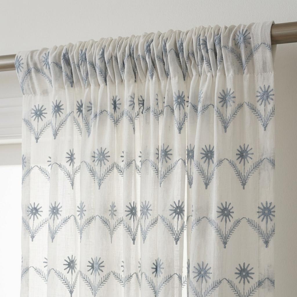 White Pure Linen Sheer Curtains, Dusty Blue Embroidered Daisy Floral, Custom Light Filtering Drapes — image 1