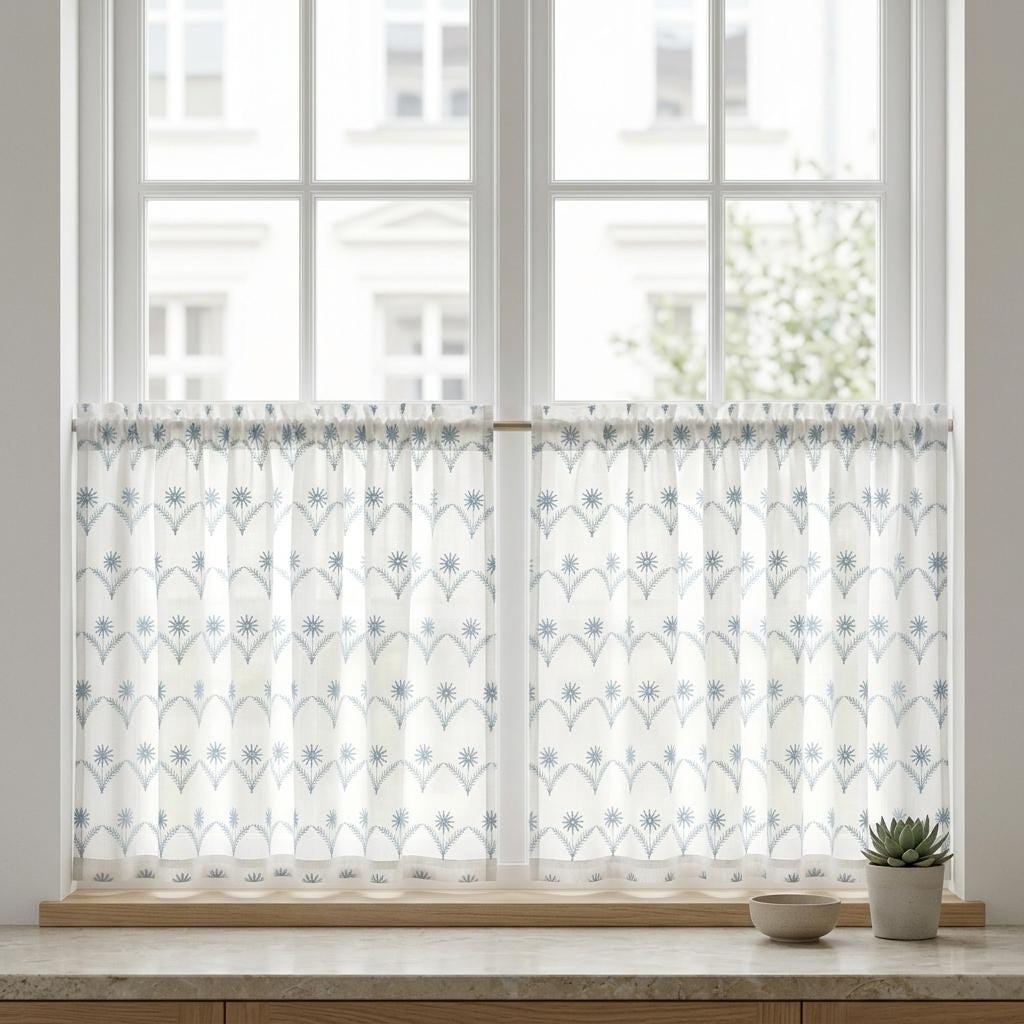 White Pure Linen Sheer Curtains, Dusty Blue Embroidered Daisy Floral, Custom Light Filtering Drapes — image 9