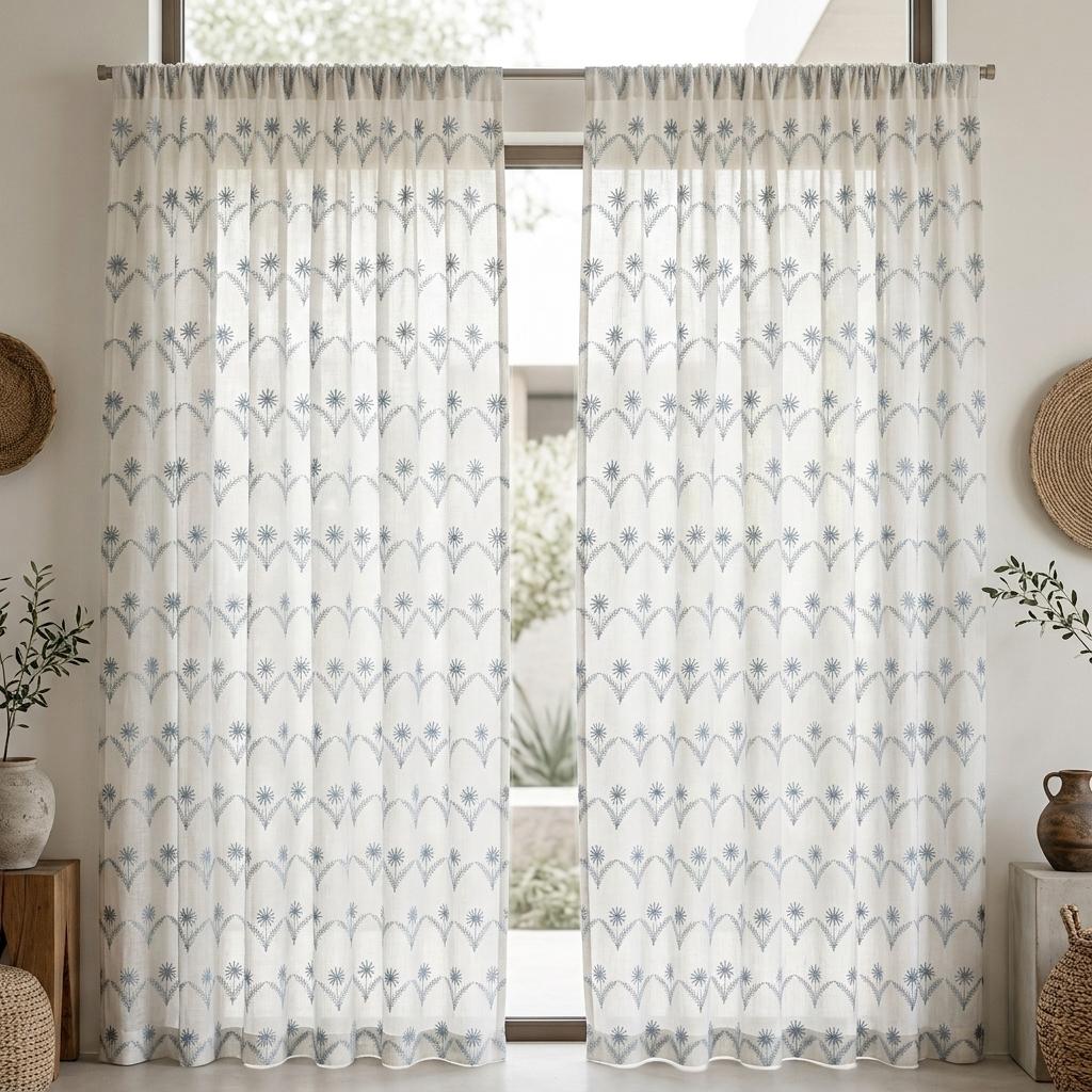 White Pure Linen Sheer Curtains, Dusty Blue Embroidered Daisy Floral, Custom Light Filtering Drapes — image 7