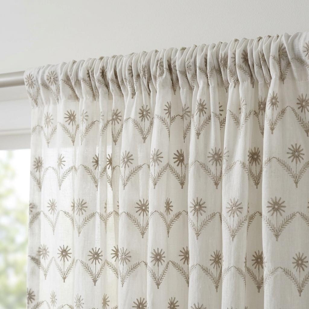 White Pure Linen Sheer Curtains, Greige Taupe Embroidered Daisy Floral, Custom Light Filtering Drapes — image 3