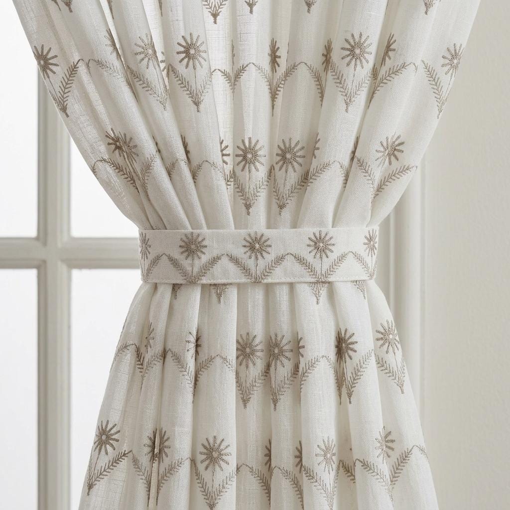 White Pure Linen Sheer Curtains, Greige Taupe Embroidered Daisy Floral, Custom Light Filtering Drapes — image 2