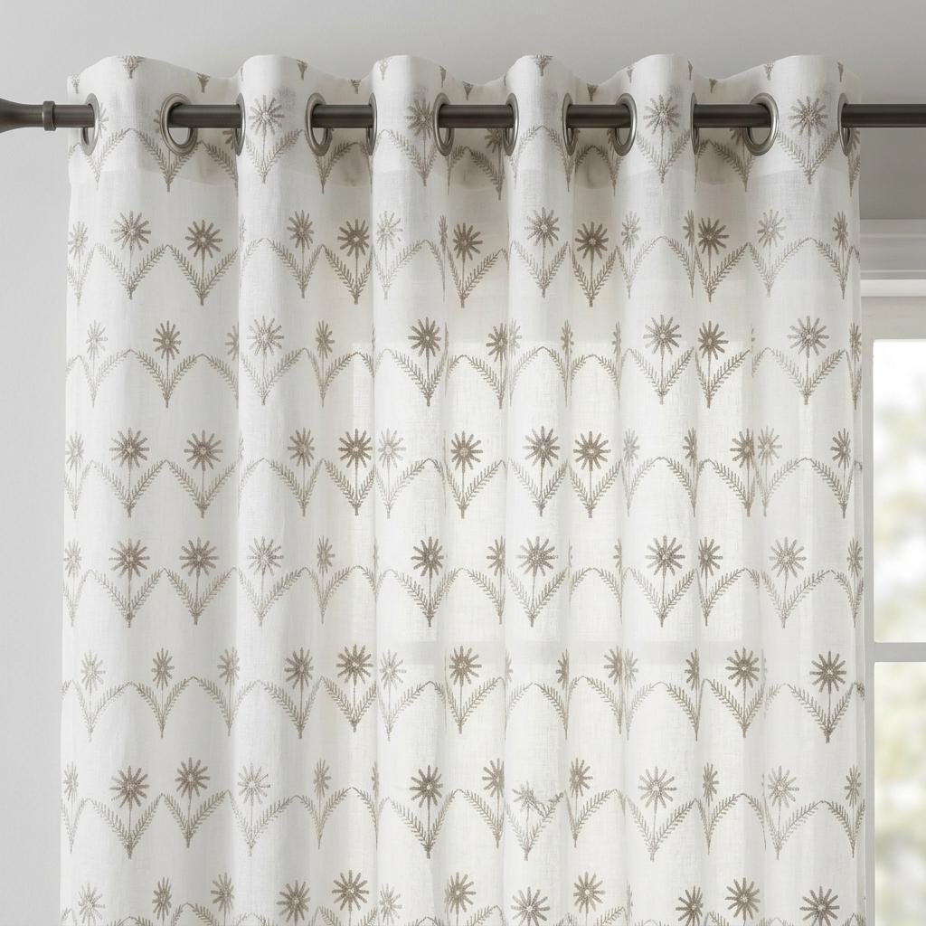 White Pure Linen Sheer Curtains, Greige Taupe Embroidered Daisy Floral, Custom Light Filtering Drapes — image 6