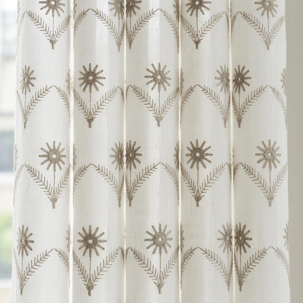 White Pure Linen Sheer Curtains, Greige Taupe Embroidered Daisy Floral, Custom Light Filtering Drapes — image 9