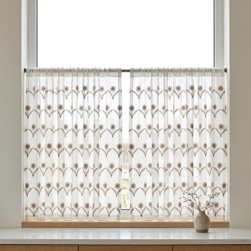 White Pure Linen Sheer Curtains, Golden Brown Embroidered Daisy Floral, Custom Light Filtering Drapes — image 9
