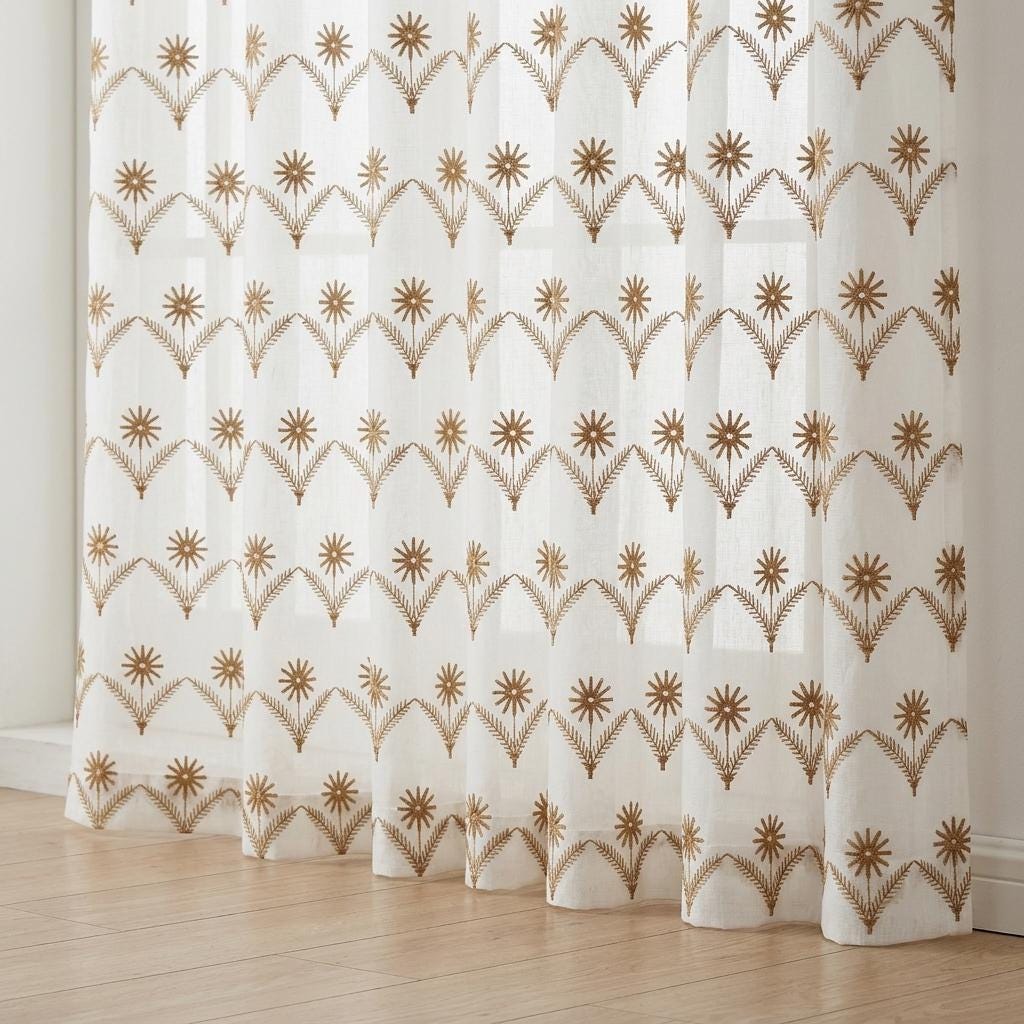 White Pure Linen Sheer Curtains, Golden Brown Embroidered Daisy Floral, Custom Light Filtering Drapes — image 4