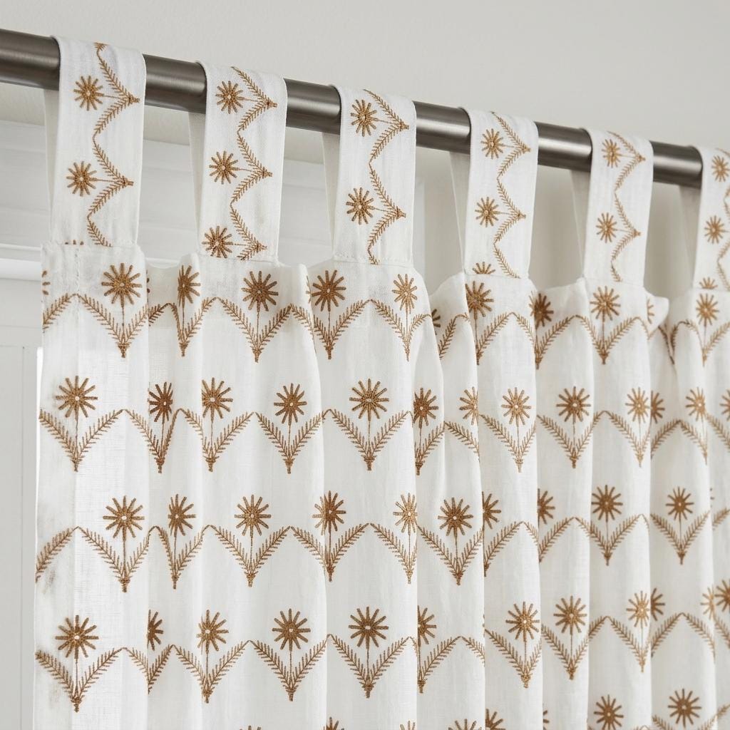 White Pure Linen Sheer Curtains, Golden Brown Embroidered Daisy Floral, Custom Light Filtering Drapes — image 8