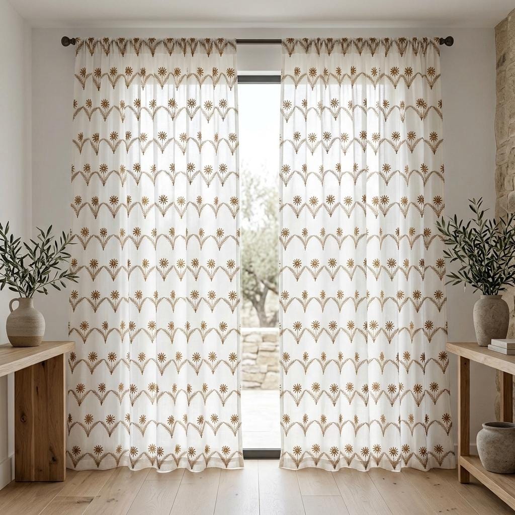 White Pure Linen Sheer Curtains, Golden Brown Embroidered Daisy Floral, Custom Light Filtering Drapes — image 5