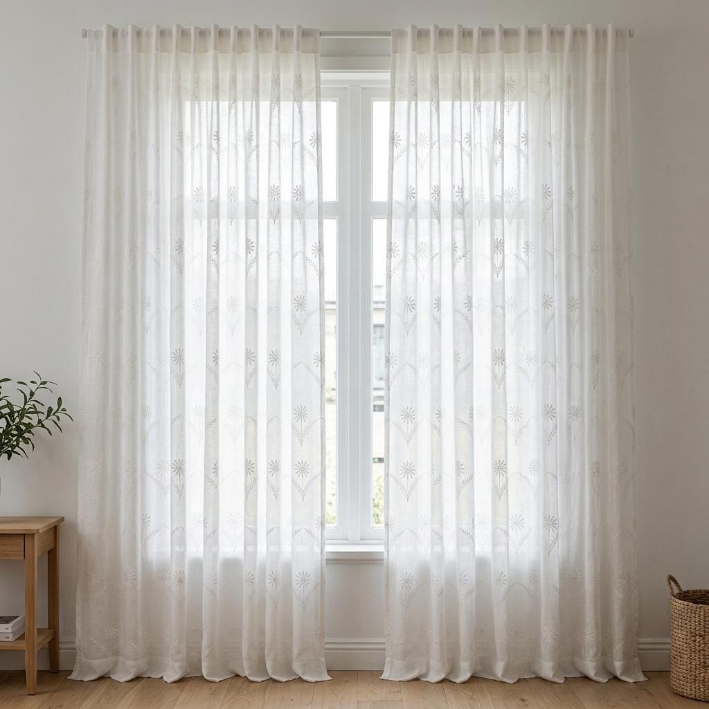 White Pure Linen Sheer Curtains, White on White Embroidered Daisy Floral, Custom Light Filtering Drapes — image 5