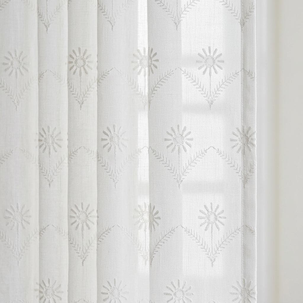 White Pure Linen Sheer Curtains, White on White Embroidered Daisy Floral, Custom Light Filtering Drapes — image 3