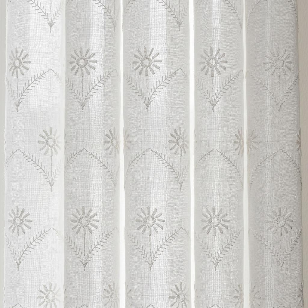 White Pure Linen Sheer Curtains, White on White Embroidered Daisy Floral, Custom Light Filtering Drapes — image 4