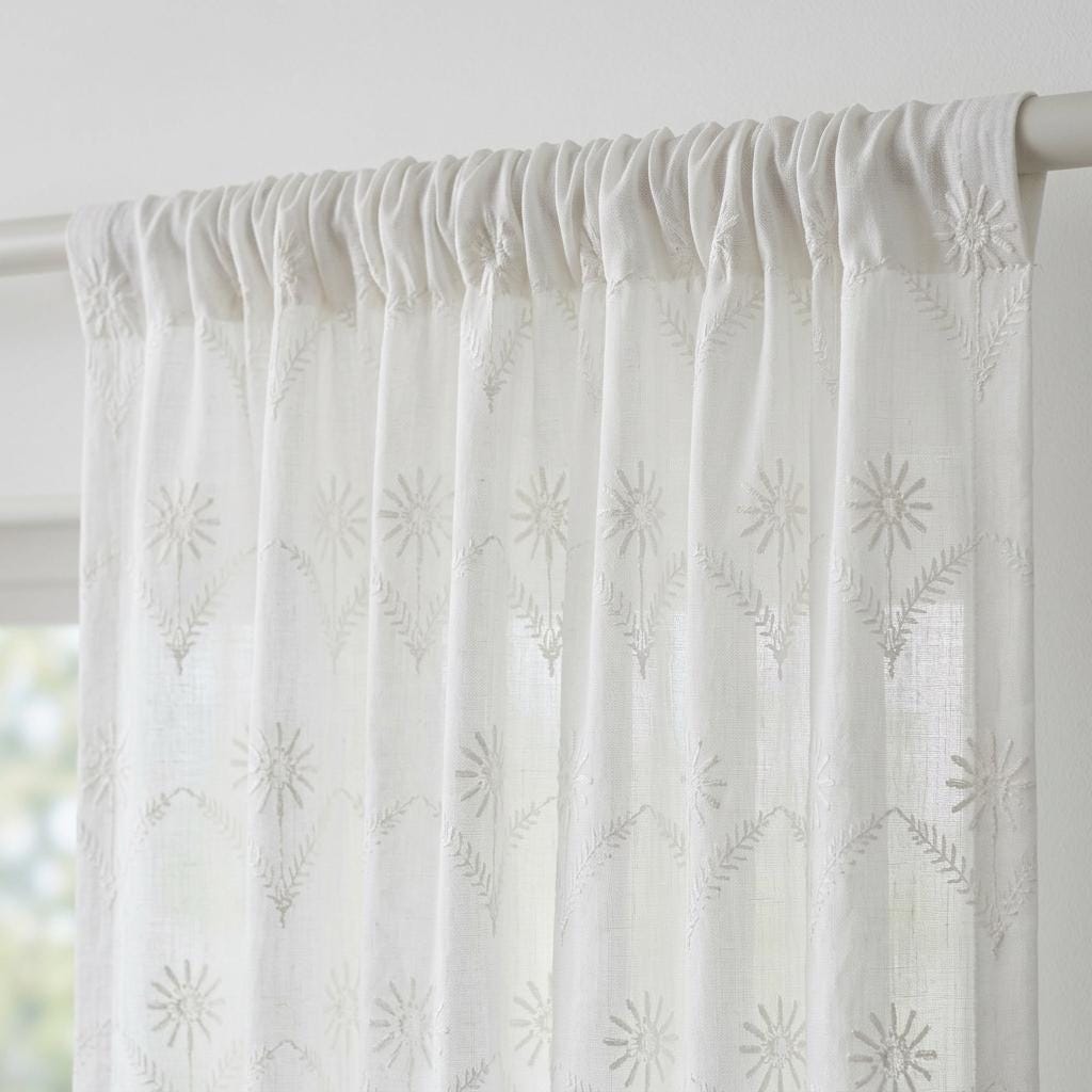 White Pure Linen Sheer Curtains, White on White Embroidered Daisy Floral, Custom Light Filtering Drapes — image 1