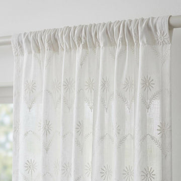 White Pure Linen Sheer Curtains, White on White Embroidered Daisy Floral, Custom Light Filtering Drapes — image 1