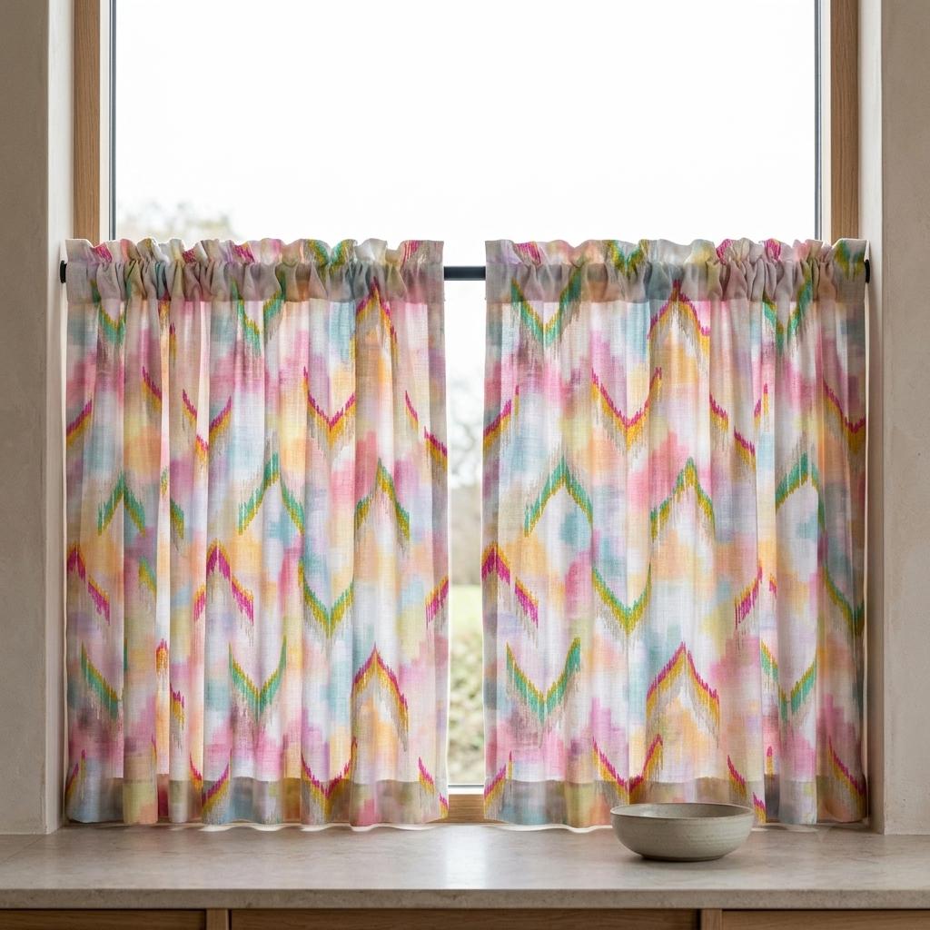 Pastel Rainbow Pure Linen Embroidered Curtains, Pink Aqua Yellow Ikat Chevron Drapes, Custom Extra Long Blackout Panels — image 8