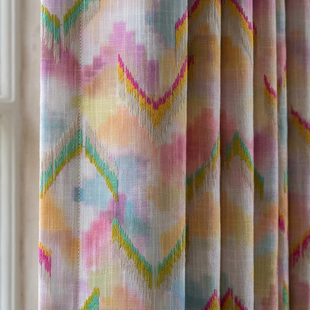 Pastel Rainbow Pure Linen Embroidered Curtains, Pink Aqua Yellow Ikat Chevron Drapes, Custom Extra Long Blackout Panels — image 1