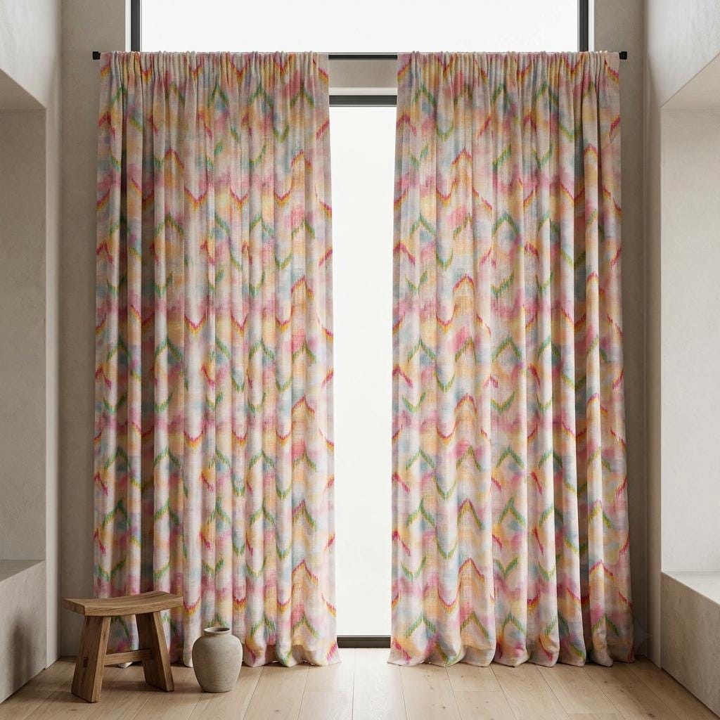 Pastel Rainbow Pure Linen Embroidered Curtains, Pink Aqua Yellow Ikat Chevron Drapes, Custom Extra Long Blackout Panels — image 3