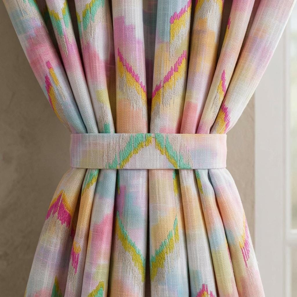 Pastel Rainbow Pure Linen Embroidered Curtains, Pink Aqua Yellow Ikat Chevron Drapes, Custom Extra Long Blackout Panels — image 6