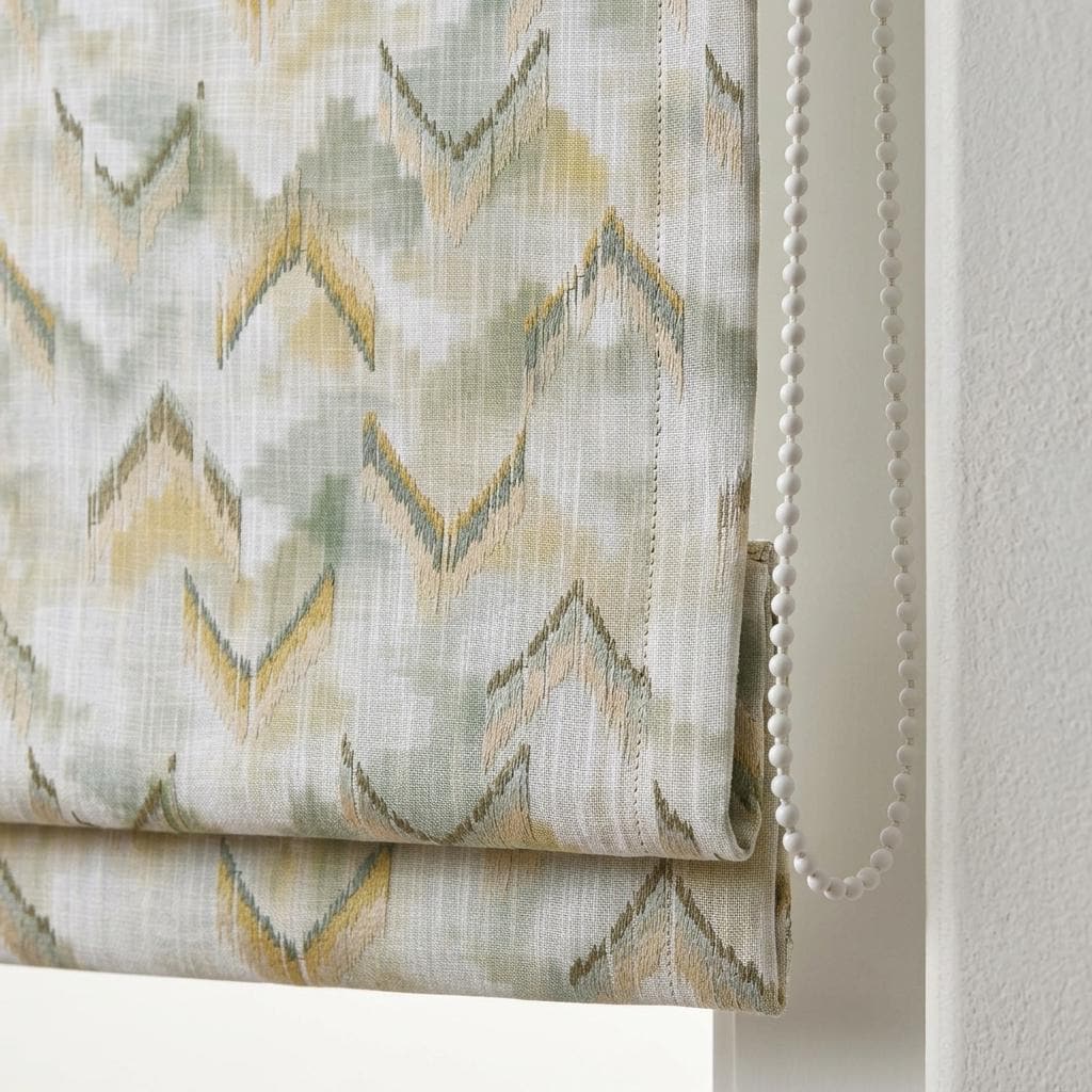 Sage Green Linen Roman Shade, Mustard Beige Embroidered Ogee Trellis, Custom Blackout or Light Filtering Window Blind — image 1