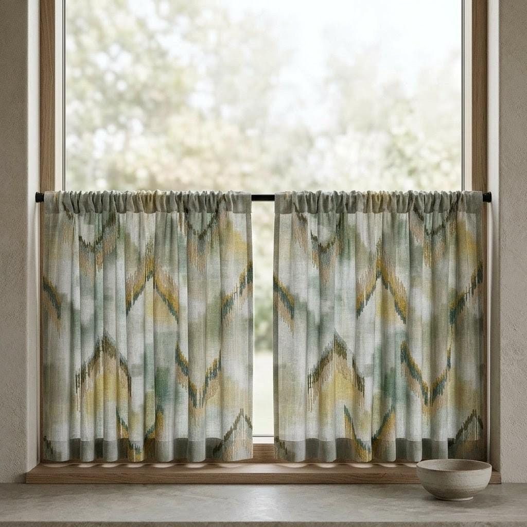 Ivory Sage Olive Pure Linen Embroidered Curtains, Mustard Gold Ikat Geometric Drapes, Custom Extra Long Blackout Panels — image 7
