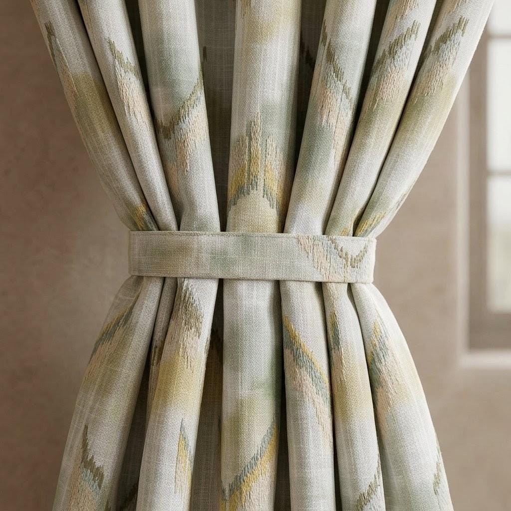Ivory Sage Olive Pure Linen Embroidered Curtains, Mustard Gold Ikat Geometric Drapes, Custom Extra Long Blackout Panels — image 4