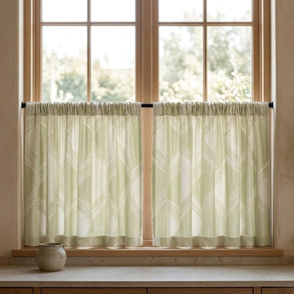 Pale Olive Green & Ivory Pure Linen Jacquard Curtains, Art Deco Geometric Chevron Drapes, Custom Extra Long Blackout Panels — image 8