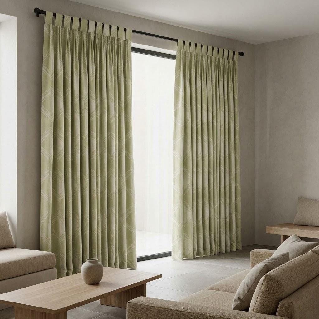 Pale Olive Green & Ivory Pure Linen Jacquard Curtains, Art Deco Geometric Chevron Drapes, Custom Extra Long Blackout Panels — image 4