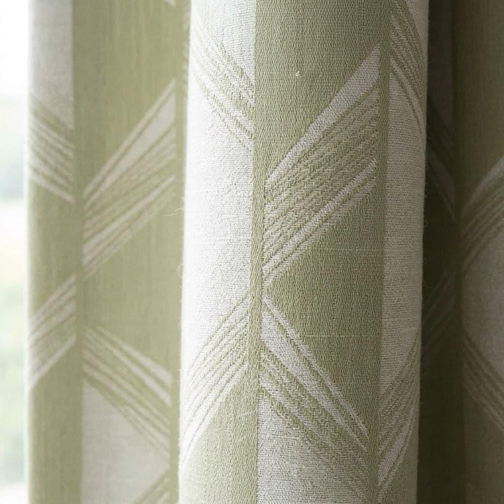 Pale Olive Green & Ivory Pure Linen Jacquard Curtains, Art Deco Geometric Chevron Drapes, Custom Extra Long Blackout Panels — image 6