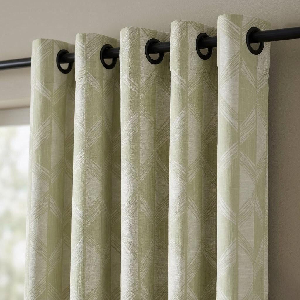 Pale Olive Green & Ivory Pure Linen Jacquard Curtains, Art Deco Geometric Chevron Drapes, Custom Extra Long Blackout Panels — image 3