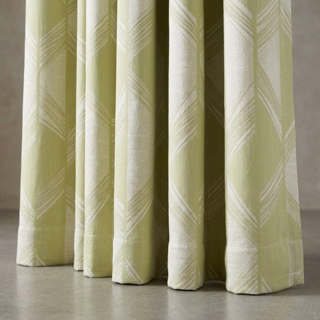 Pale Olive Green & Ivory Pure Linen Jacquard Curtains, Art Deco Geometric Chevron Drapes, Custom Extra Long Blackout Panels — image 5