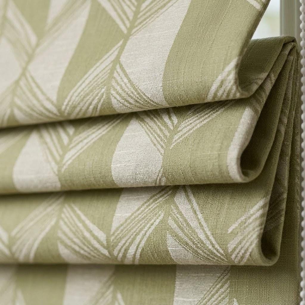 Pistachio Green & Ivory Linen Roman Shade, Geometric Jacquard, Custom Blackout or Light Filtering Window Blind — image 7