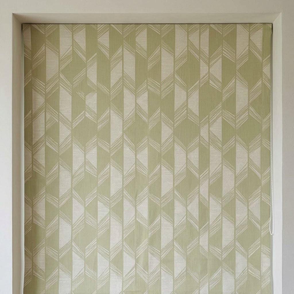 Pistachio Green & Ivory Linen Roman Shade, Geometric Jacquard, Custom Blackout or Light Filtering Window Blind — image 8